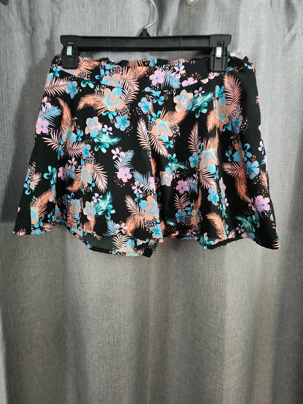 Charlotte Russe Black Mini Skirt with Teal and Coral Floral Print